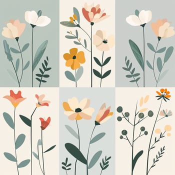 A vibrant collection of floral illustrations showcases different types of flowers and leaves, beautifully arranged with various colors and shapes against a soft backdrop.
