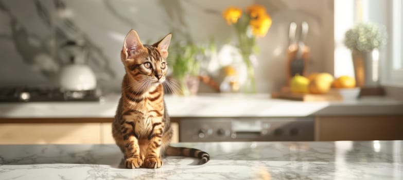Bengal kitten sits on a marble countertop in a modern kitchen, its exotic fur patterns highlighted by soft sunlight. the elegant setting features bright flowers and fruits, enhancing the luxurious ambiance.