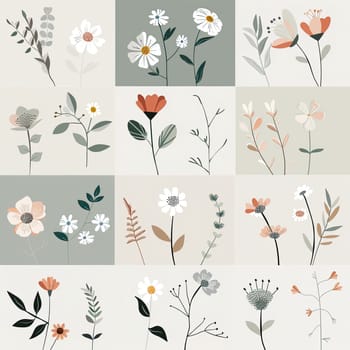 A diverse arrangement of stylized floral illustrations showcases various types of flowers and leaves, creating a harmonious and modern aesthetic perfect for decor.