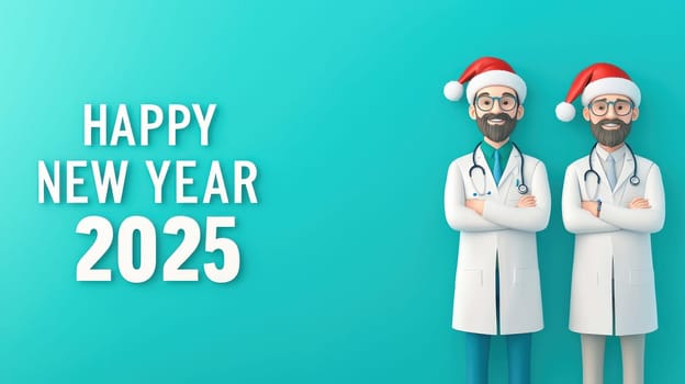 Happy New Year 2025 with two male doctors in white coats and Santa hats.