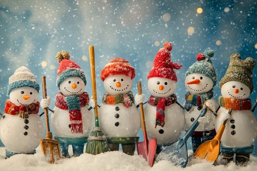 Many funny snowmen stand on a snowy street in winter during a snowfall. High quality photo