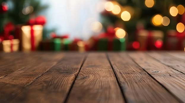 Bright wooden table with Christmas decorations in background, creating festive atmosphere.