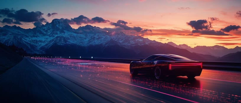 Futuristic autonomous car is speeding on a highway in the mountains with motion blur light trails behind it at sunset