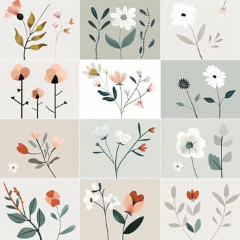 A grid layout features various flowers and plants, with a mix of colors and styles. The artwork highlights delicate floral designs on soft, neutral backgrounds, creating a harmonious look.