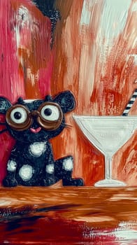 Whimsical painting of a cute dog enjoying a cocktail at a bar, bringing a touch of humor and lightheartedness to home decor or bar settings