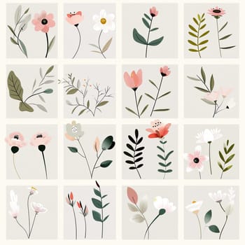 This artwork features a grid layout of various floral patterns, highlighting different flowers and plants in soft, pastel colors against a subtle background, ideal for decoration.