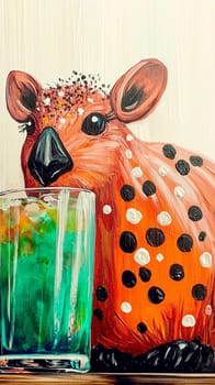 Colorful, vibrant painting of a spotted deer eyeing a blue cocktail with ice cubes, featuring red, black, white, and orange hues and playful brushstrokes