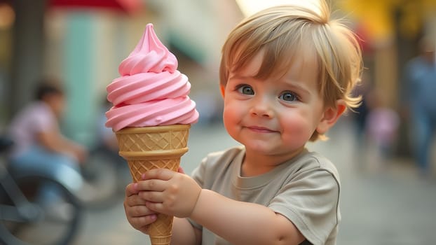 happy small boy with huge ice cream cone, generative ai. High quality photo