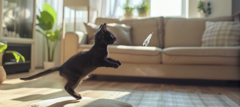 A sleek black kitten energetically jumps mid-air to catch a feather toy in a bright, modern living room. sunlight streams through large windows, creating a warm and inviting atmosphere, the kitten's playful movement.