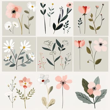This artwork showcases an array of floral illustrations, including daisies, roses, and delicate stems, all rendered in soft pastel hues against a light background.