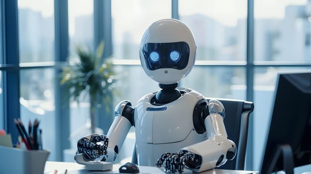 A humanoid robot is seen typing on a laptop, demonstrating advanced technology in a contemporary office setting, generative ai