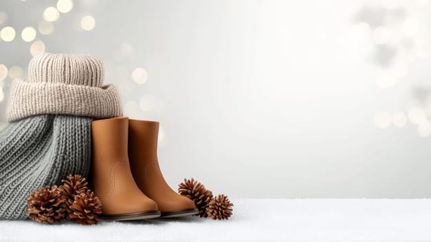 Cozy winter boots and scarves create warm, inviting atmosphere.