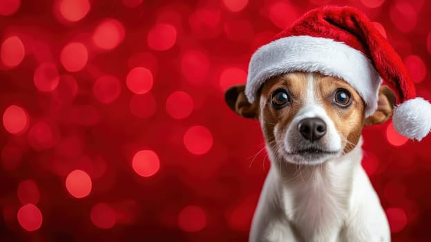Festive dog wearing Santa hat with cheerful expression in holiday setting.