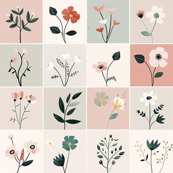 This artwork features a grid of colorful floral designs, highlighting diverse flowers in soft hues with simple yet elegant botanical illustrations, creating a tranquil visual experience.