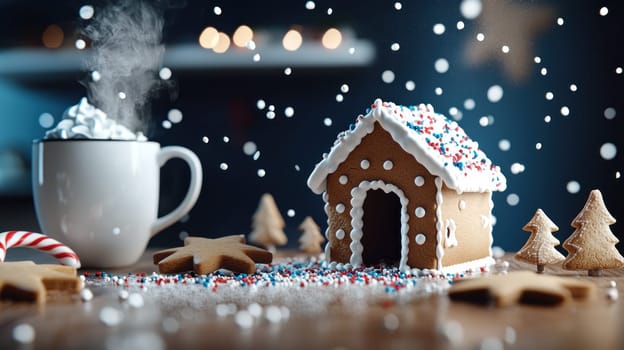 festive kitchen scene with gingerbread house and hot cocoa, creating warm holiday atmosphere.