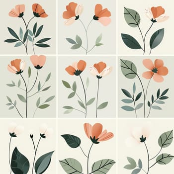 A collection of nine artistic floral patterns showcases different flowers and leaves in soft colors and minimalist design, arranged in a grid format, creating a harmonious and elegant display.