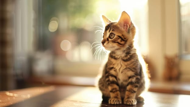 Bengal kitten with bold markings sits on a sleek wooden table in a sunlit, modern interior, epitomizing elegance and style. the setting's warm glow enhances the kitten's exotic appearance, ideal for design concepts.