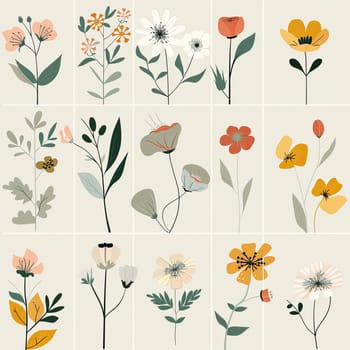 A vibrant assortment of hand-drawn flowers is neatly organized in a grid, featuring various shapes and colors against a soft background. Each flower adds unique charm to the composition.