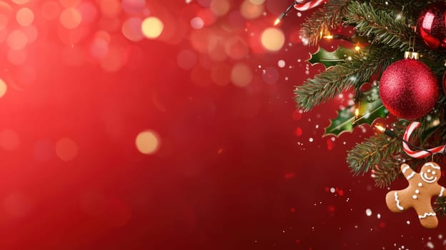 Lush Christmas background with deep red tones and festive decorations.