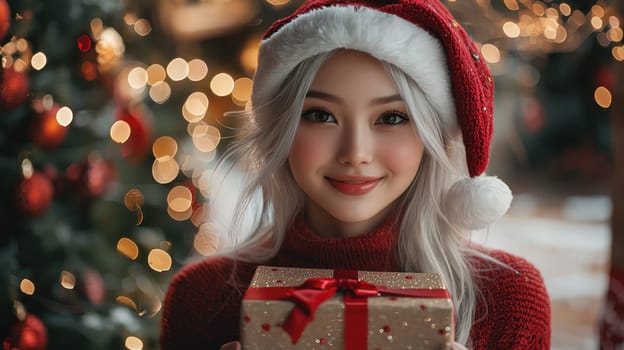 joyful girl with white hair wearing Santa hat holds gift.