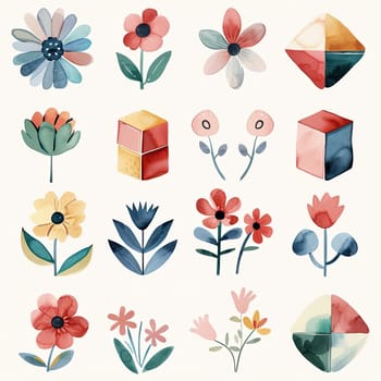 A collection of vibrant watercolor flowers and geometric shapes displayed in a harmonious layout, showcasing artistic creativity and design.