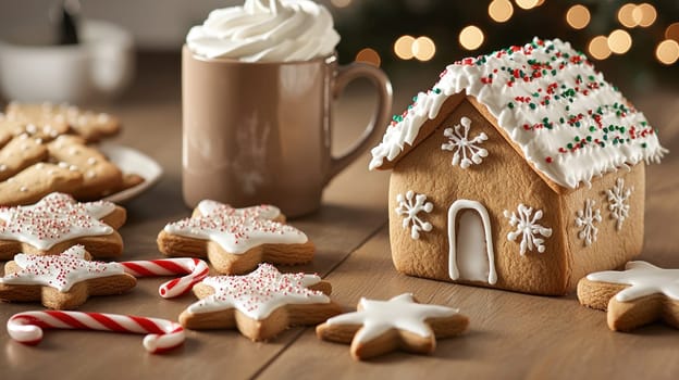 festive kitchen scene with gingerbread house and cookies evokes holiday cheer.