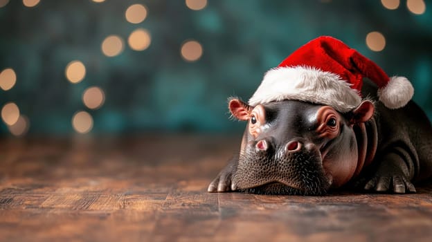 Festive pygmy hippo wearing Santa hat, creating joyful holiday atmosphere.