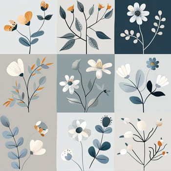 This artwork displays a grid of beautifully rendered flowers and plants in soft colors, emphasizing nature's diversity and artistic creativity in floral design.
