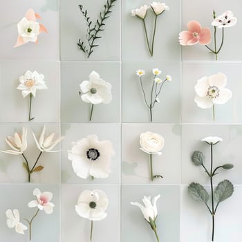 A variety of flowers are beautifully arranged in a grid, displaying an assortment of colors and textures that highlight their natural elegance and intricate details.