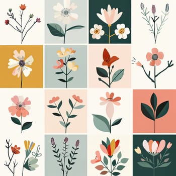 A grid of colorful flower illustrations features a variety of blooms, showcasing artistic designs with different shapes and hues across a light background.