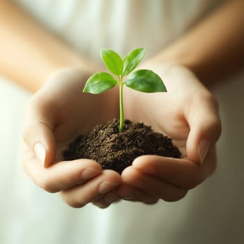 A close-up of hands holding a small green plant with soil, symbolizing environmental sustainability and growth, soft natural light, focus on detail, earthy tones, clean background, high-resolution image