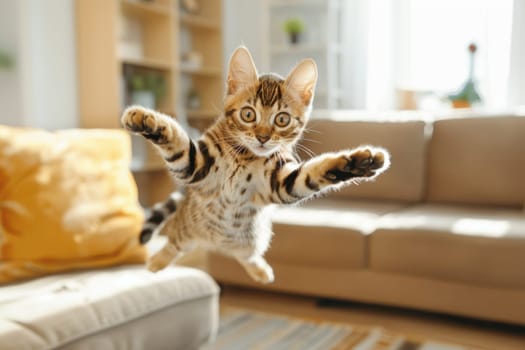 Bengal kitten mid-air, showcasing agility as it leaps for a toy mouse in a bright, stylish living room, emphasizing energy and playfulness.
