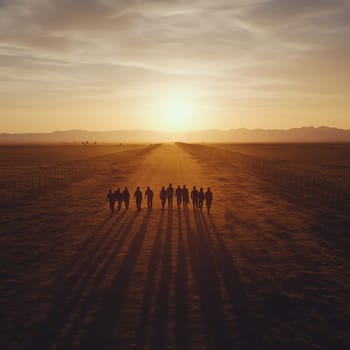 Crossing Borders with Hope: A group of people walking through a barren desert towards a distant border at sunset, their elongated shadows trailing behind. Their faces show exhaustion and hope, while a barbed wire fence or a physical barrier stretches across the horizon.