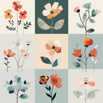 A collection of nine floral illustrations features colorful flowers and foliage arranged in a grid, showcasing artistic styles with both soft and bold elements.