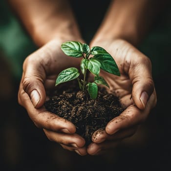 A close-up of hands holding a small green plant with soil, symbolizing environmental sustainability and growth, soft natural light, focus on detail, earthy tones, clean background, high-resolution image