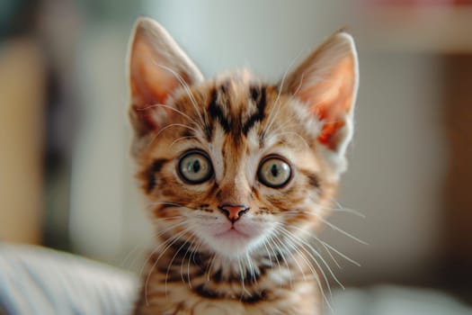 Bengal kitten with striking fur patterns and curious gaze. softly blurred background emphasizes its playful, inquisitive nature, making it ideal for pet photography or greeting card designs.