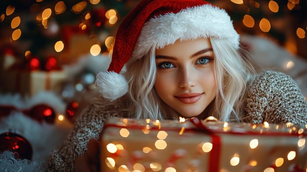 joyful girl with white hair wearing Santa hat, surrounded by festive lights and gifts.
