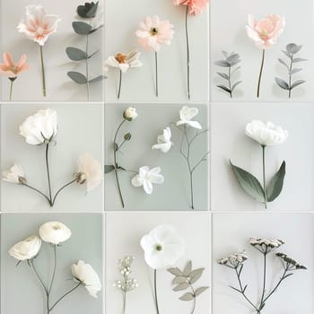 Various types of flowers are arranged in a grid format, highlighting their unique shapes and colors against a soft background, creating an elegant and serene display.