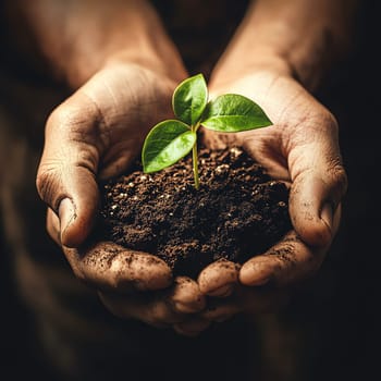 A close-up of hands holding a small green plant with soil, symbolizing environmental sustainability and growth, soft natural light, focus on detail, earthy tones, clean background, high-resolution image