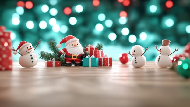 Festive Christmas scene with Santa, snowmen, and colorful gifts creating joyful atmosphere.