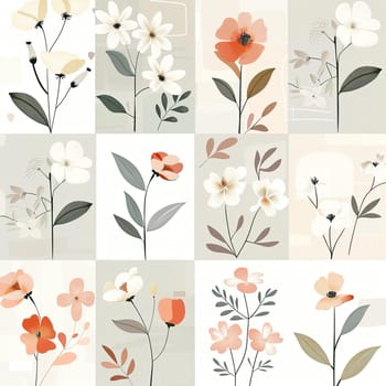 The artwork displays an array of floral designs in muted tones, showcasing stylized flowers and leaves arranged in a grid pattern, ideal for contemporary interior spaces.