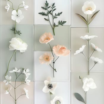 A variety of delicate flowers are artistically arranged on softly colored tiles, showcasing their beauty and natural forms. The subtle colors create a peaceful ambiance.