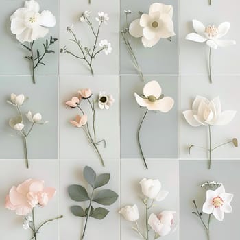 Various delicate white and pastel flowers are artistically arranged against a light backdrop, highlighting the beauty of nature through their intricate designs and soft hues.