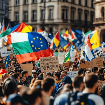 A diverse crowd of people holding signs and banners in a European city square, demanding justice and human rights for border victims. Flags from different countries wave in the background, symbolizing unity for a common cause.