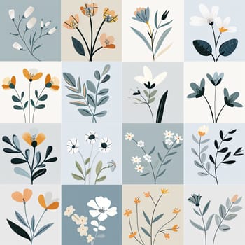 This artwork showcases a grid of floral illustrations, highlighting diverse plants and flowers in soft colors. The design captures a modern aesthetic, celebrating nature's beauty.