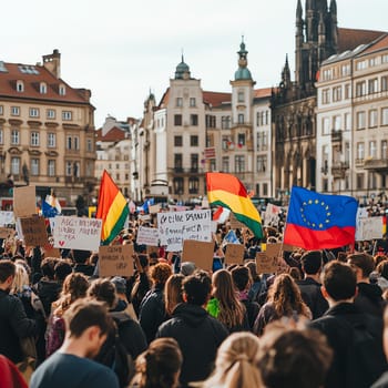 A diverse crowd of people holding signs and banners in a European city square, demanding justice and human rights for border victims. Flags from different countries wave in the background, symbolizing unity for a common cause.