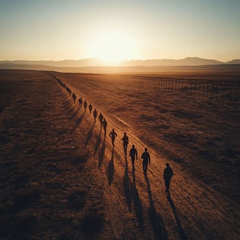 Crossing Borders with Hope: A group of people walking through a barren desert towards a distant border at sunset, their elongated shadows trailing behind. Their faces show exhaustion and hope, while a barbed wire fence or a physical barrier stretches across the horizon.