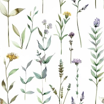 This artwork features an array of botanical elements, including green leaves and vibrant flowers, elegantly arranged against a clean white backdrop, highlighting natural beauty.