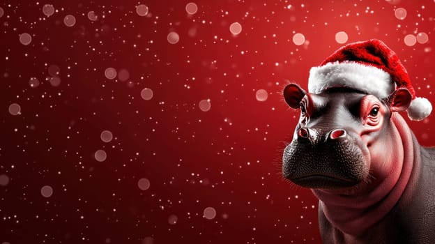 Festive pygmy hippo wearing Santa hat against red background.