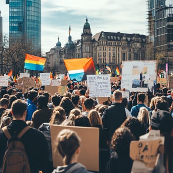 A diverse crowd of people holding signs and banners in a European city square, demanding justice and human rights for border victims. Flags from different countries wave in the background, symbolizing unity for a common cause.